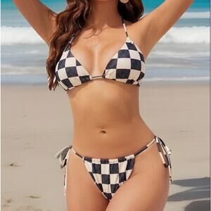 Zaful Women’s Bikini Large NWT 2 Piece Black White Checkerboard Triangle Halter